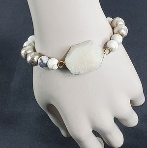 Raw Cut White Druzy Quartz Stone Charm Bracelet Natural Stone Stretchy Unique
